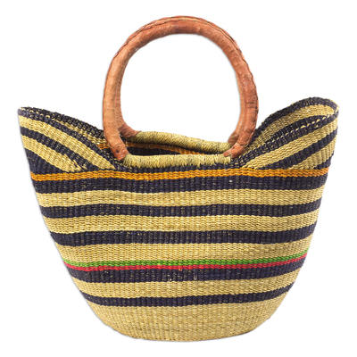 Striped Raffia and Leather-Accented Basket