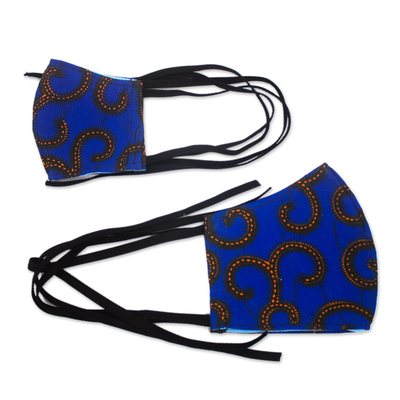 2 Sapphire Blue African Print Cotton Tie Family Pack Masks