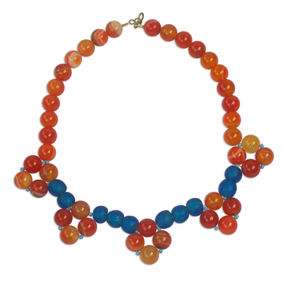 Orange and Blue Agate and Recycled Glass Bead Necklace