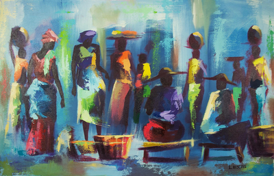 Crowded African Marketplace Original Acrylic Painting