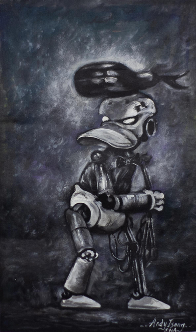 Acrylic Robot Figure Painting on Canvas from Africa