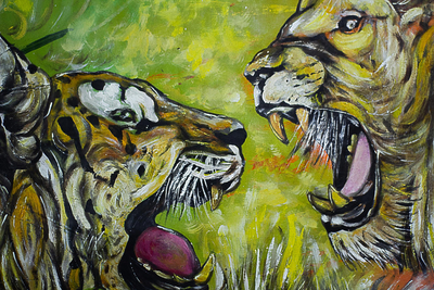 Signed Lion and Tiger Painting from West Africa