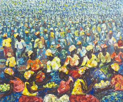 Signed Acrylic Market Scene Painting from West Africa