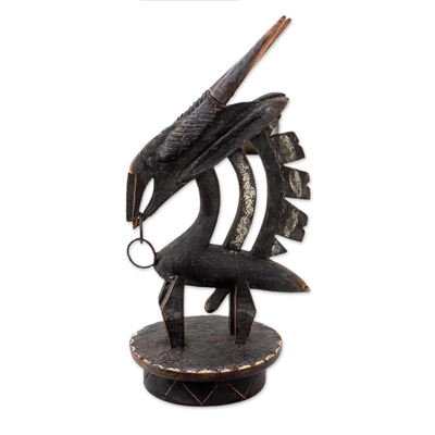 Hand Carved Sese Wood and Iron Antelope Sculpture