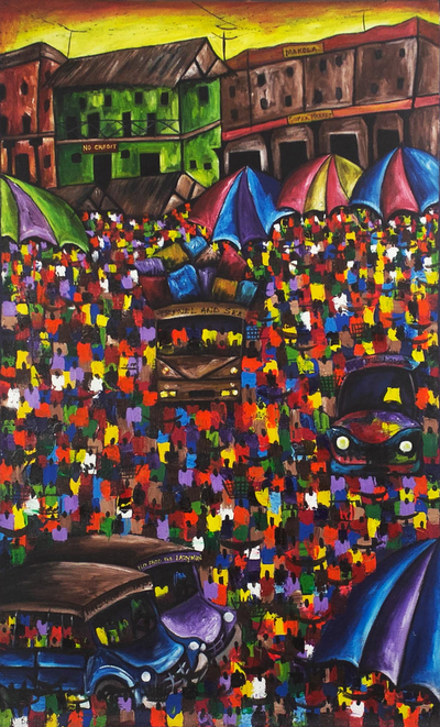 Acrylic and Jute Marketplace Painting from Ghana