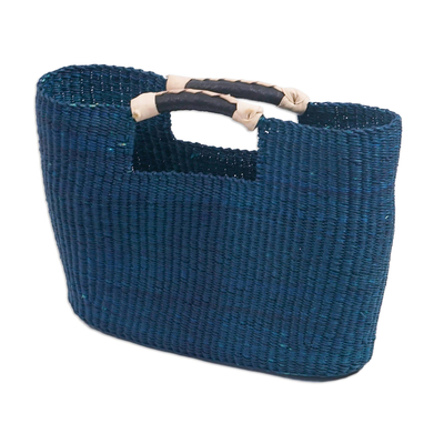 Blue Raffia and Leather Handle Handbag