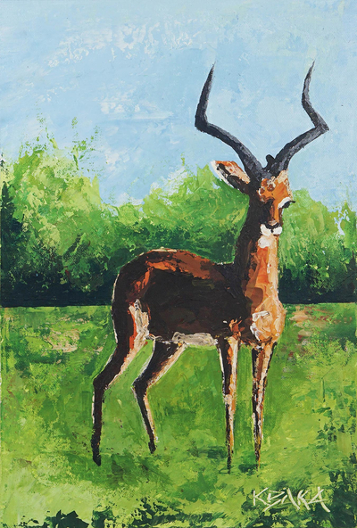 Signed Acrylic Antelope Painting on Canvas