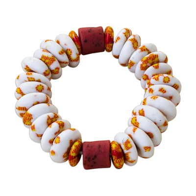 White and Red Recycled Glass Beaded Bracelet