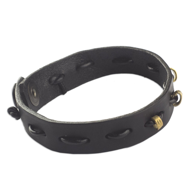 Black Leather and Brass Wristband Bracelet