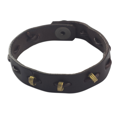 Brown Leather and Brass Wristband Bracelet