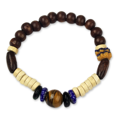 Recycled Glass Bead and Sese Wood Stretch Bracelet