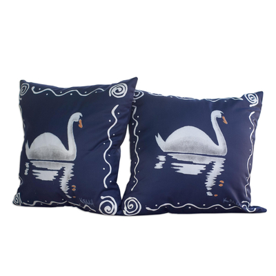 Blue Cotton Swan-Motif Cushion Covers (Pair)