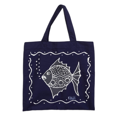 Dark Blue Cotton Fish-Motif Tote Bag