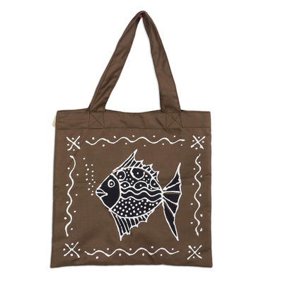 Brown Cotton Fish-Motif Tote Bag