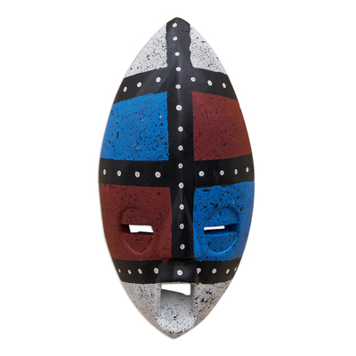 Blue and Red Sese Wood Wall Mask from Ghana