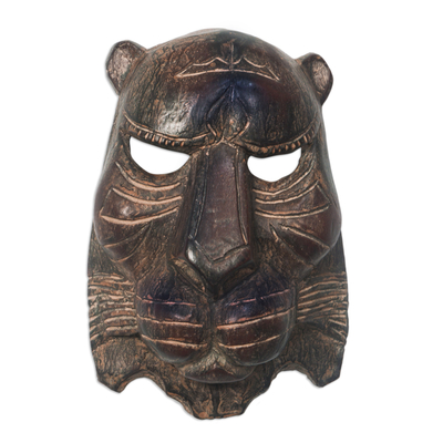 Artisan Carved Sese Wood Wild Cat Mask from Ghana