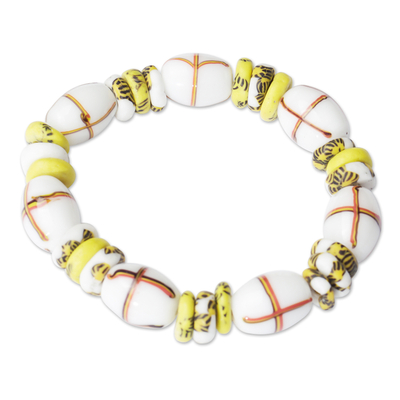 Recycled Glass Beaded Stretch Bracelet with Yellow Accents