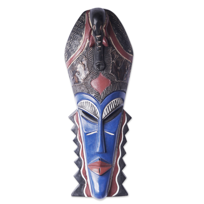 African Sese Wood Mask in Blue Crafted in Ghana