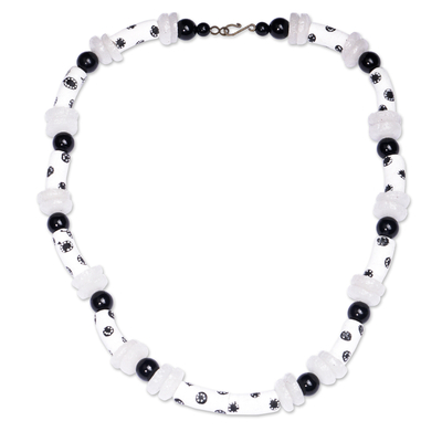 Floral Recycled Glass Beaded Necklace in Black and White