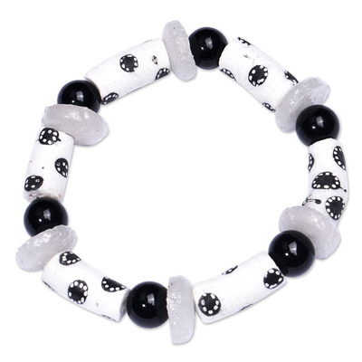 Handmade Recycled Glass Beaded Bracelet in Black and White