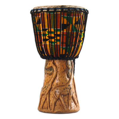 Handcrafted Kente Multicolor Tweneboa Wood Djembe Drum