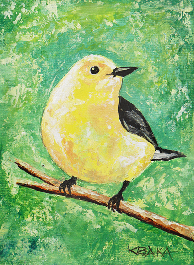 Acrylic Impressionist Bird Painting in Yellow and Green Hues