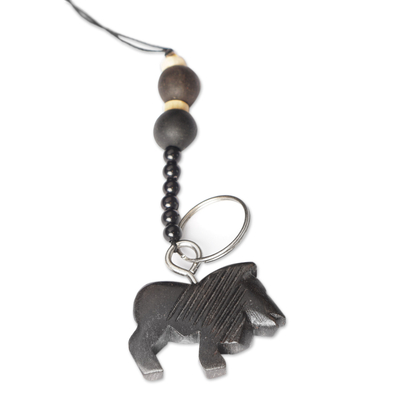 Eco-Friendly Ebony Lion Keychain with Wood Beads