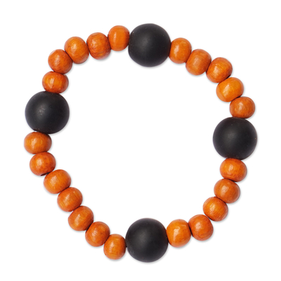 Recycled Glass and Sese Wood Beaded Bracelet in Orange