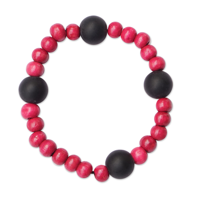 Recycled Glass and Sese Wood Beaded Bracelet in Fuchsia