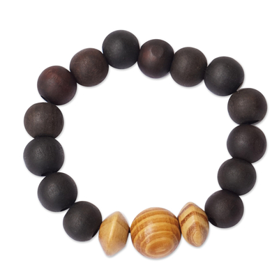 Black and Brown Sese Wood Beaded Stretch Bracelet from Ghana