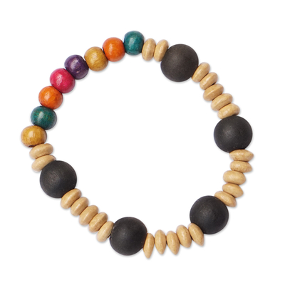 Vibrant Recycled Glass and Sese Wood Beaded Stretch Bracelet