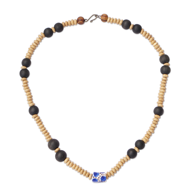 Sese Wood Beaded Necklace with Blue Recycled Glass Accent