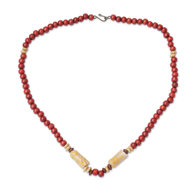 Red Sese Wood and Recycled Glass Beaded Necklace from Ghana