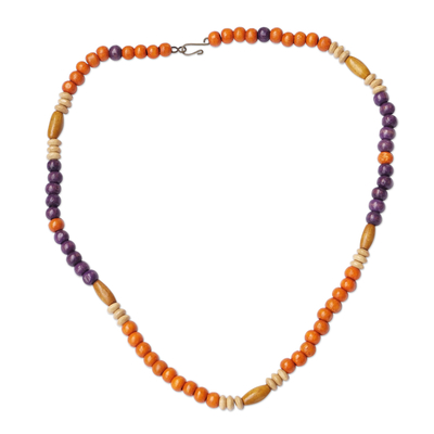 Orange and Purple Sese Wood Beaded Necklace from Ghana