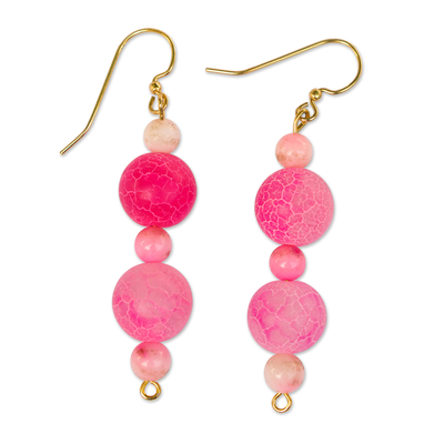 Modern Pink Agate Beaded Dangle Earrings with Brass Hooks