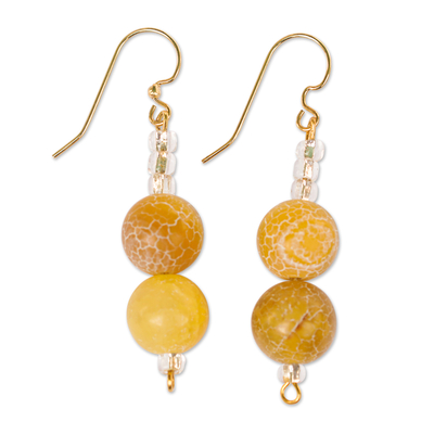 Yellow Agate and Recycled Glass Beaded Dangle Earrings