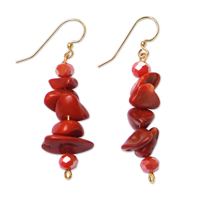 Natural Red Agate Dangle Earrings with Recycled Glass Beads