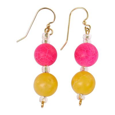 Fuchsia and Yellow Agate Dangle Earrings with Glass Beads