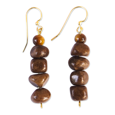 Natural Agate Beaded Dangle Earrings with Brass Hooks
