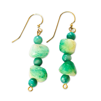 Green Agate and Recycled Glass Beaded Dangle Earrings