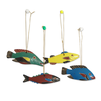 Set of 4 Hand-Painted Colorful Sese Wood Fish Ornaments