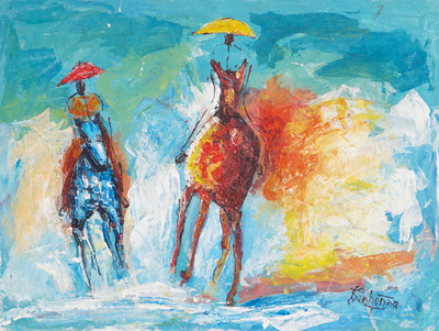 Expressionistic Painting of Men Riding Horses with Umbrellas