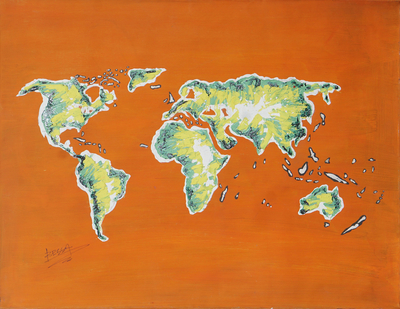 Signed Orange and Green Acrylic Painting of a World Map