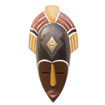 African Ashanti Sese Wood Mask with Brass and Aluminum