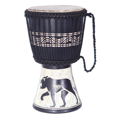 Tiger-Themed Black Sese Wood and Goat Skin Djembe Drum