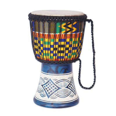 Geometric Blue Sese Wood Djembe Drum with Kente Accents