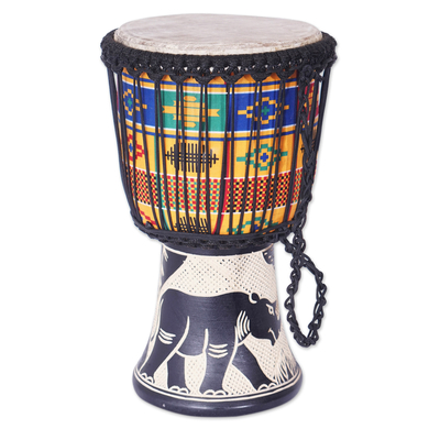 Rhino-Themed Black Sese Wood Djembe Drum with Kente Accents