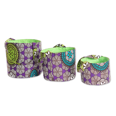 Set of 3 Cotton Baskets with Amethyst and Lime Floral Motifs
