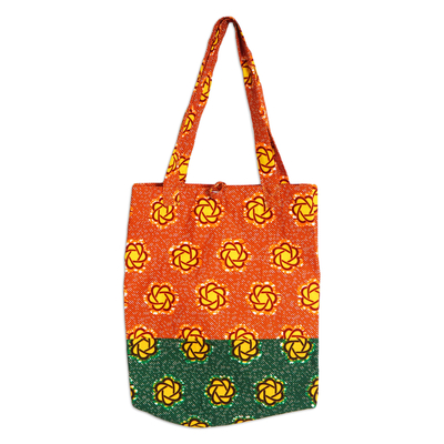 Handcrafted Floral Emerald and Marigold Cotton Tote Bag