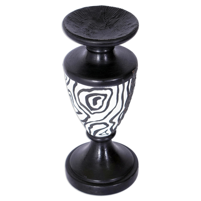 Wood Candle Holder with Embossed Aluminum Accents from Ghana